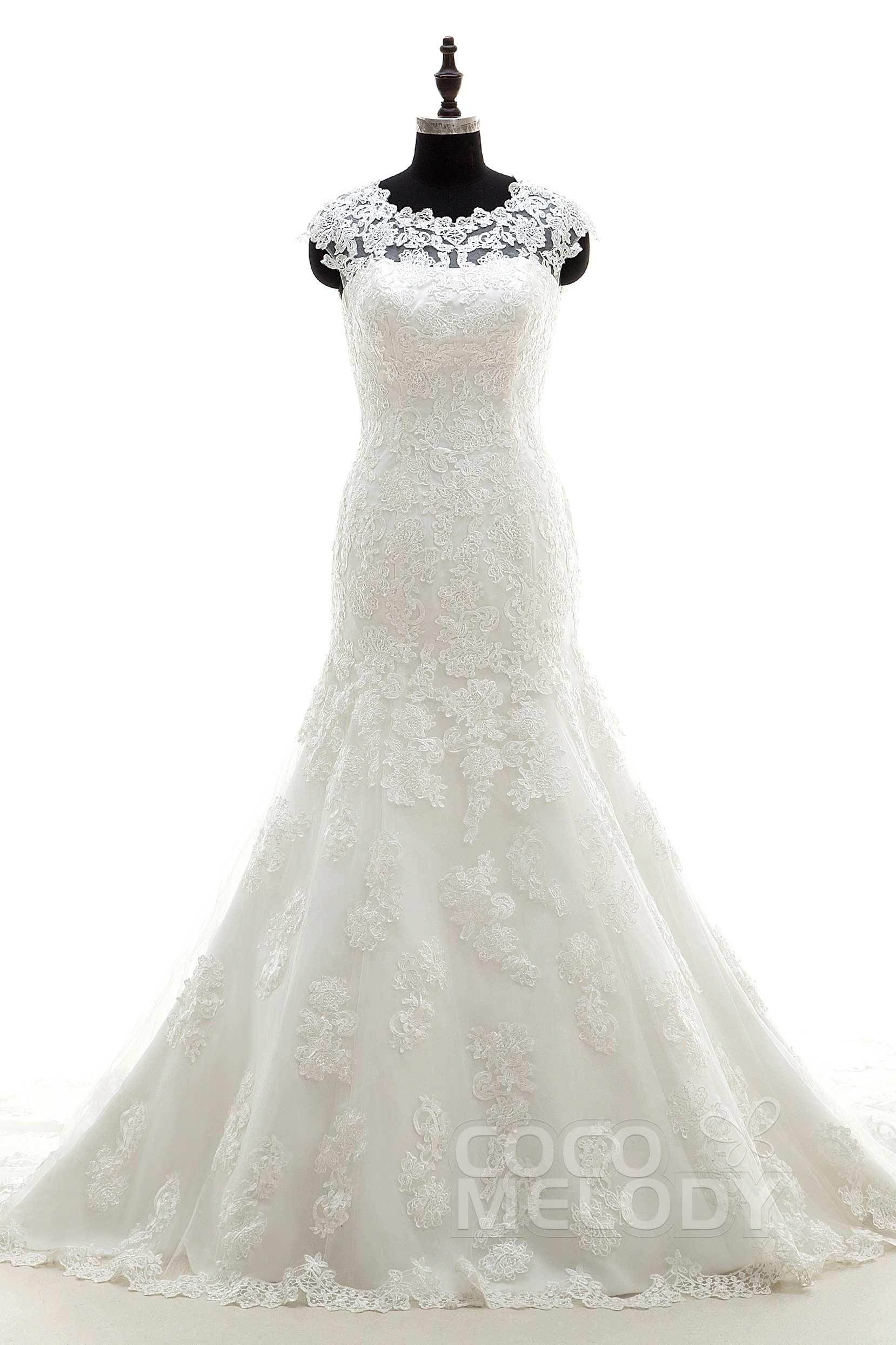 Trumpet Chapel Train Tulle Wedding Dress LWAT1503ECR - COCOMELODY